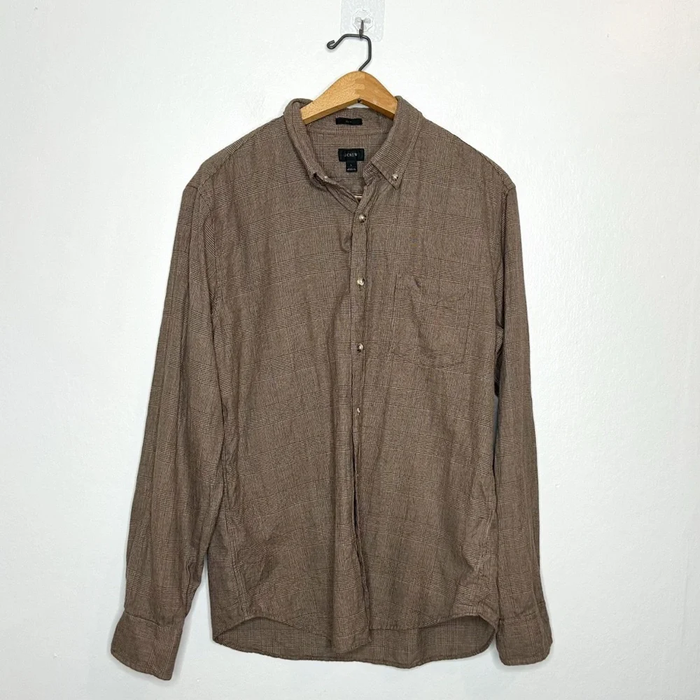 J. Crew Mens Classic Long Sleeve Button Front Shirt Neutral Brown Plaid Cotton L